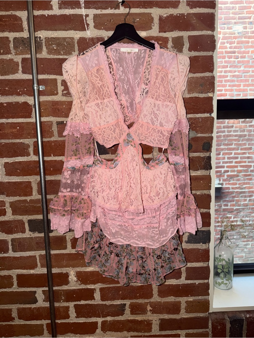 LoveShackFancy Delicate Pink Lace & Floral Trim Women's dress